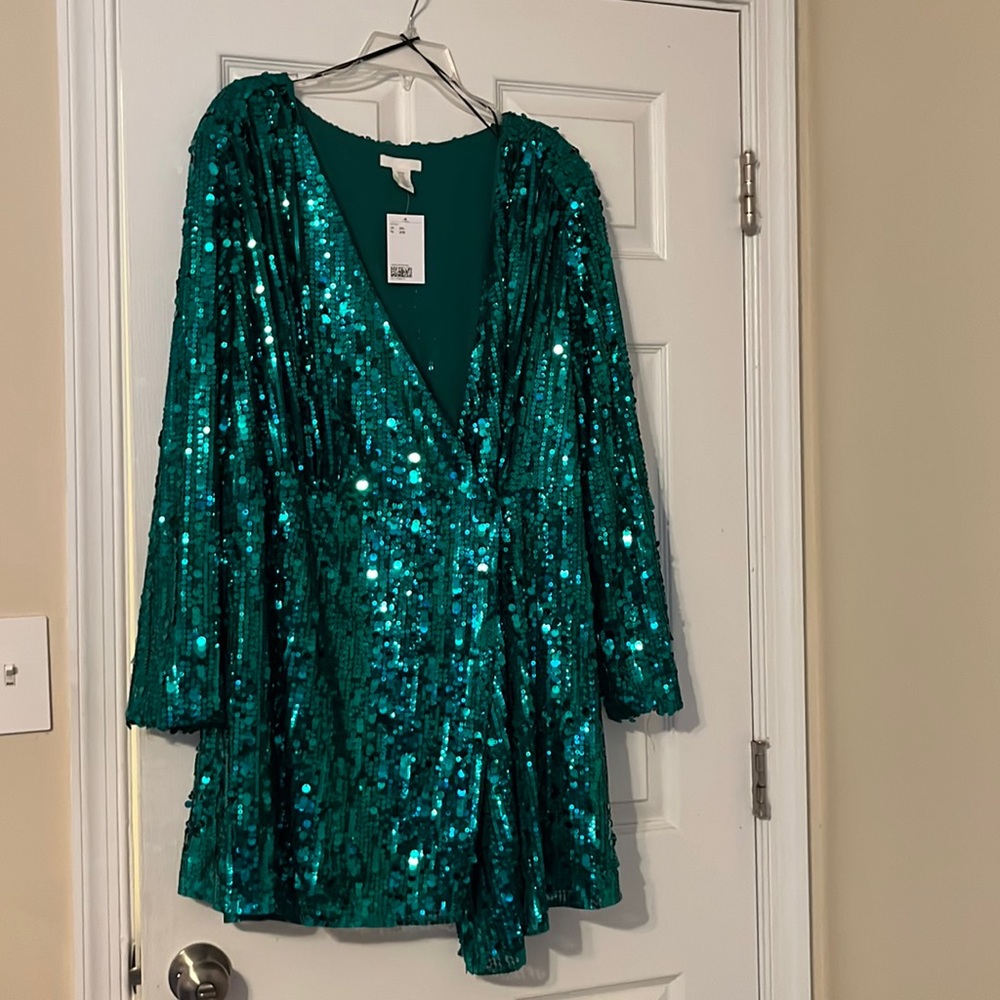 H&M Green Sequin Wrap Dress.